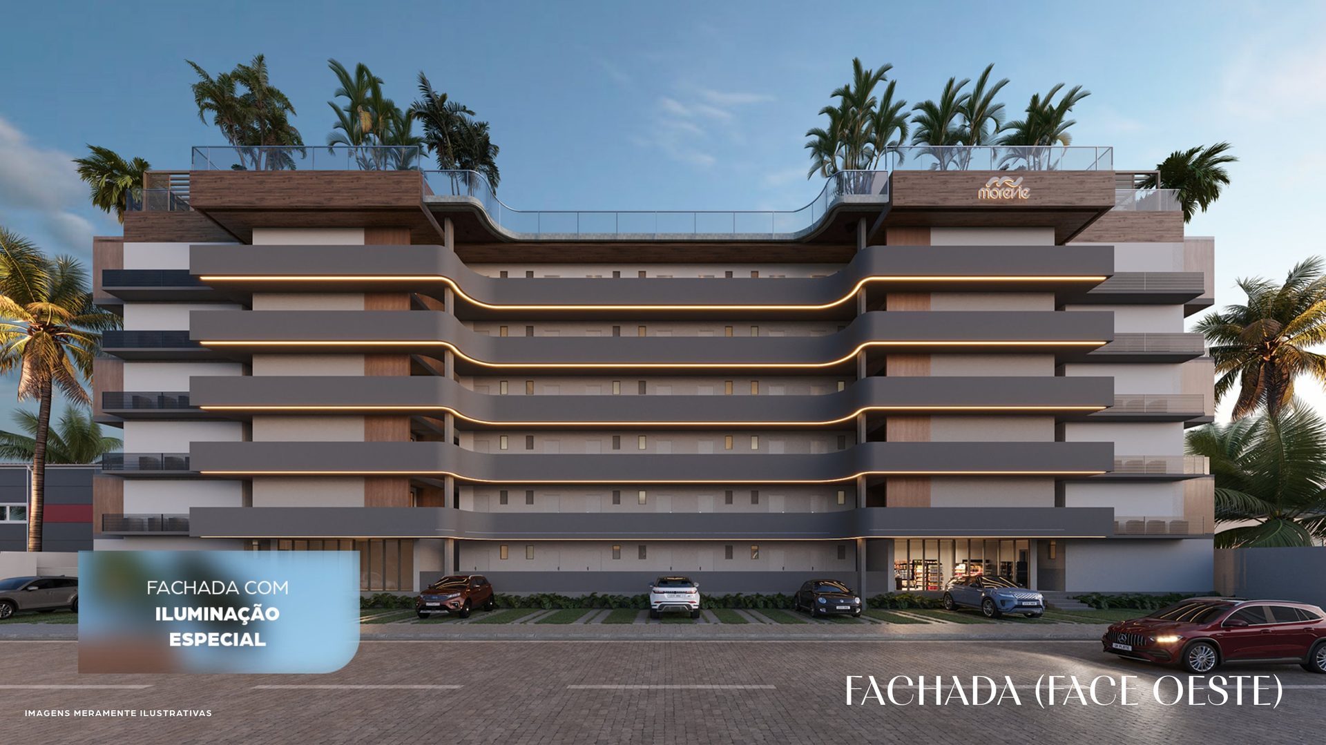 Fachada oeste — iluminação noturna